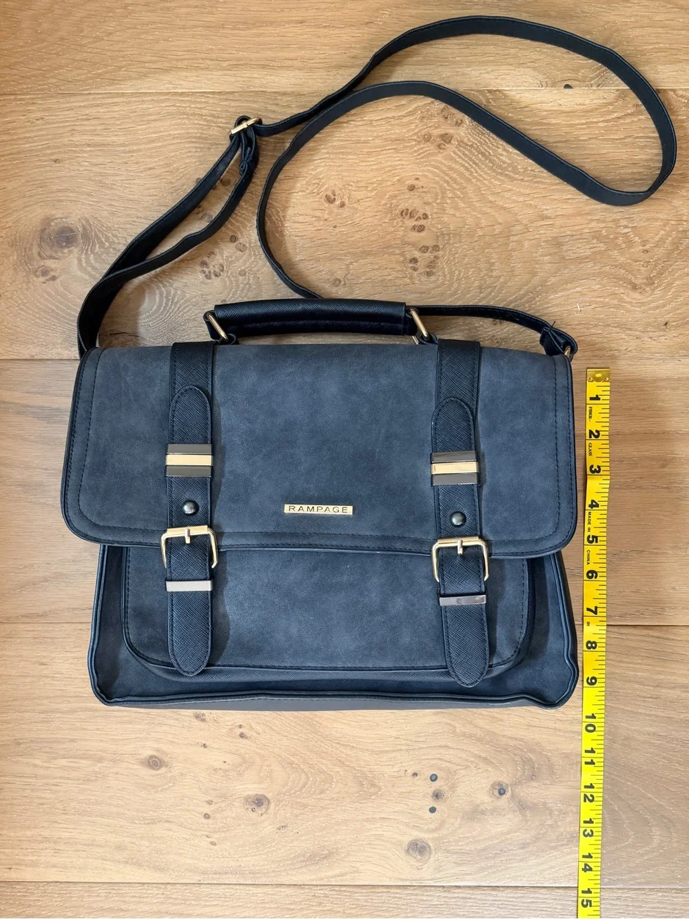 Rampage Retro Black Faux Leather Suede Satchel Messenger Crossbody Bag Laptop